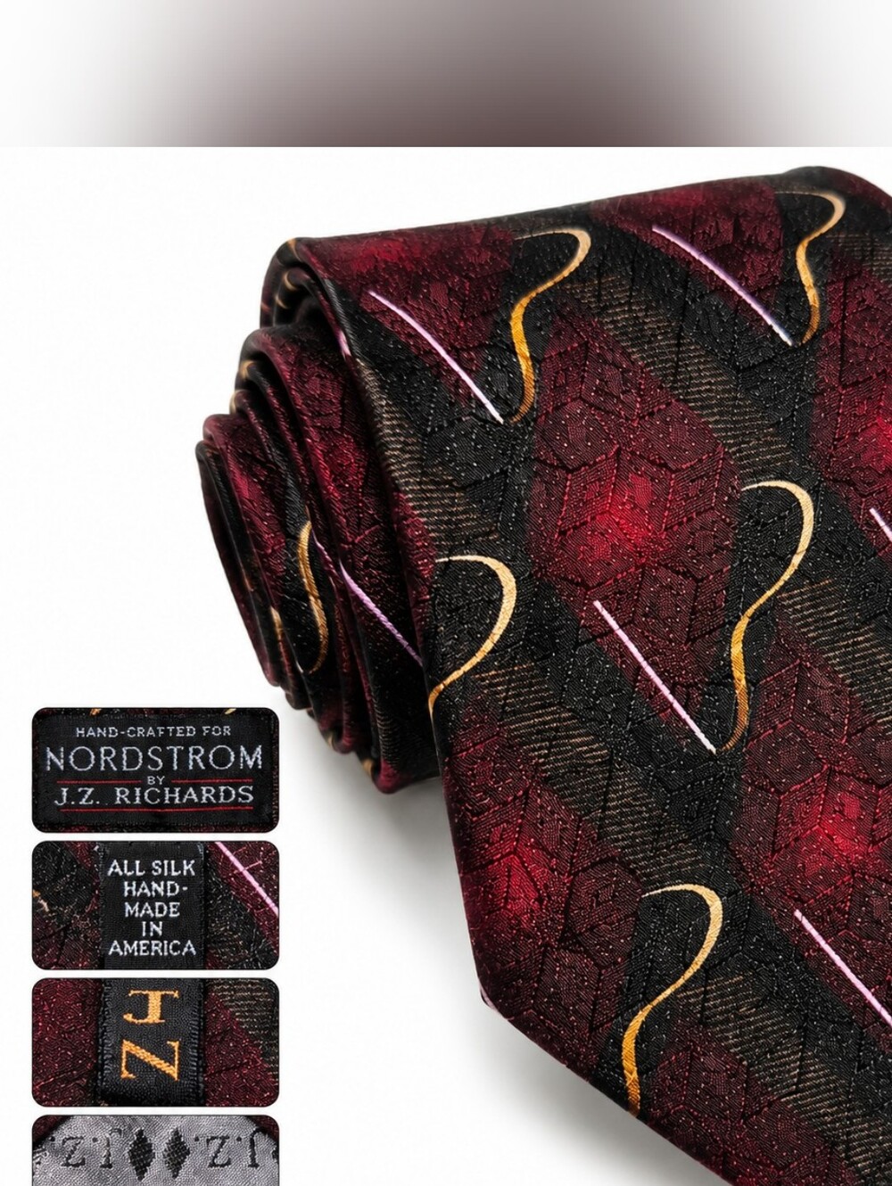 Nordstrom Silk Tie in Burgundy with Black and Gold Accents